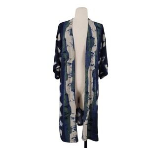 Clara Sun Woo Open Front Long Cardigan Duster Sz XS Blue Green Cream Watercolor